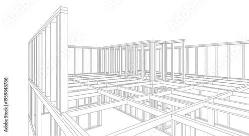 Detailed Outline Drawing of a Wooden House Frame Under Construction on Isolated White Background