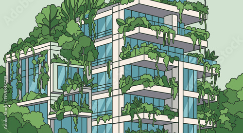 Modern Green Architecture Building with Vertical Gardens and Lush Plants