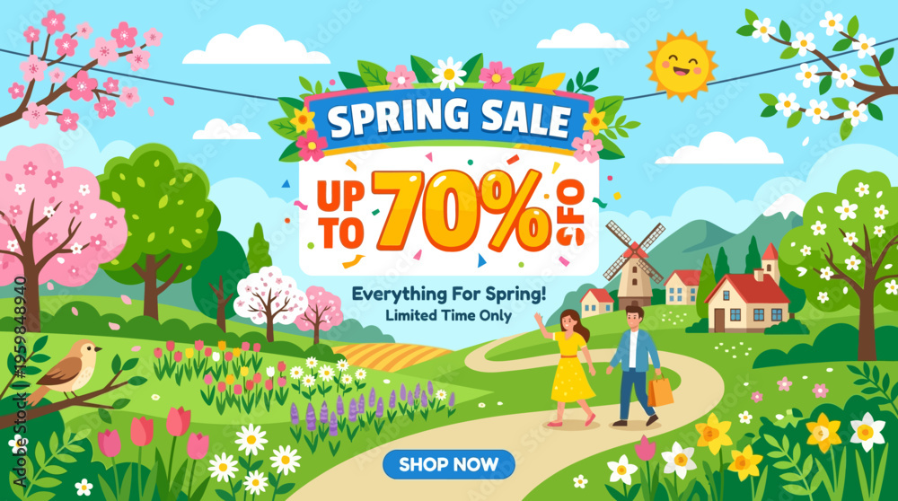 Obraz premium Spring Sale Banner with Couple Walking in Scenic Landscape