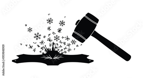 Large rubber mallet strikes a flat object causing it to shatter into many small star-like fragments.