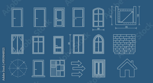 Collection of Various Window and Door Architectural Blueprints on Dark Blue Background