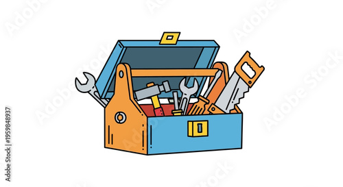 Open tool box with various hand tools inside, illustration.