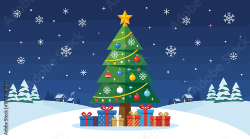 Christmas Tree with Gifts in Snowy Landscape