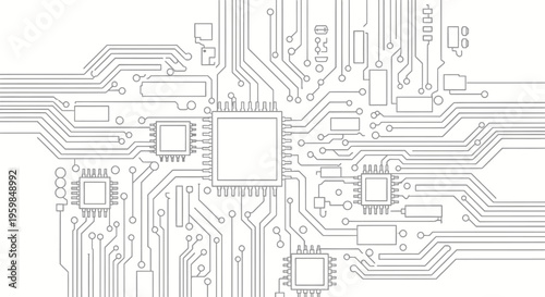 Electronic Circuit Board with Microprocessor and Traces on Isolated White Background