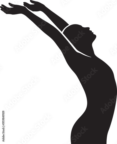 Silhouette of a woman reaching upwards with her arms raised in a gesture of hope or prayer