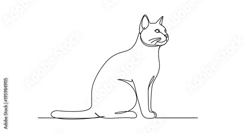 Simple one line drawing of a sitting cat looking to the side.