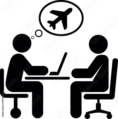 Two individuals discussing travel plans with an airplane thought bubble