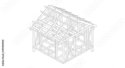 Detailed Wooden House Frame Structure Blueprint Line Art on Isolated White Background