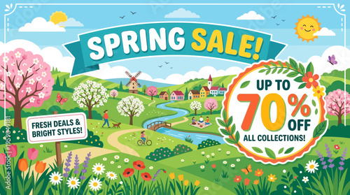 Spring Sale Banner with Charming Landscape