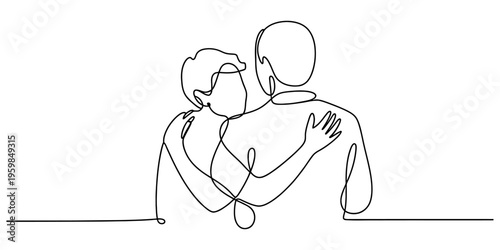 A continuous line drawing illustration of a couple standing together in a warm loving embrace Vector, illustration