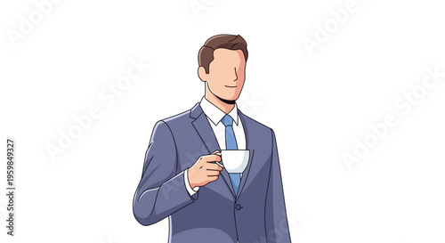 Confident businessman in a suit drinks coffee.