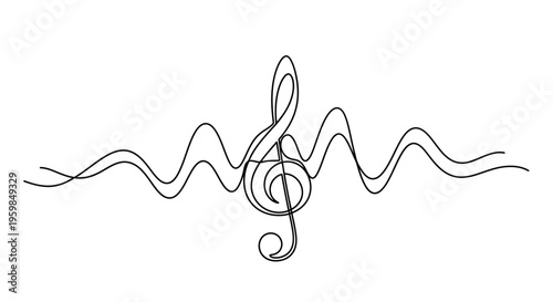 Treble clef with sound waves in a single line drawing