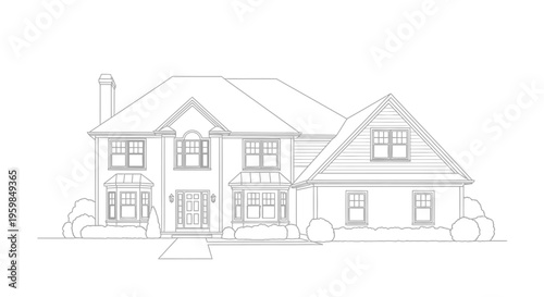 Spacious Luxury Suburban House Outline Architectural Drawing on Isolated White Background