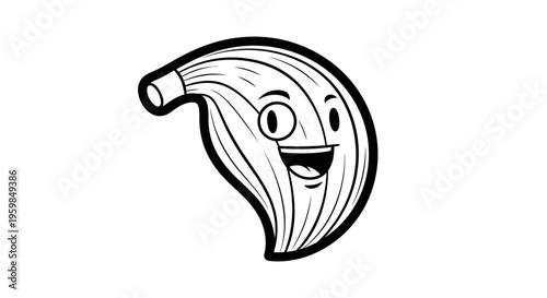 Happy cartoon garlic clove illustration in black and white line art style.
