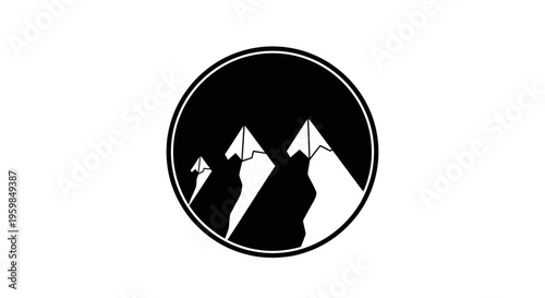 Stylized Black Mountain Landscape in Circular Badge on Isolated White Background