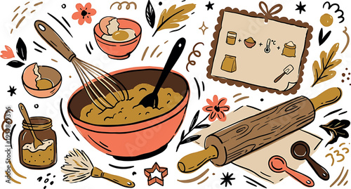 Baking illustration with mixing bowl and utensils isolated on transparent background