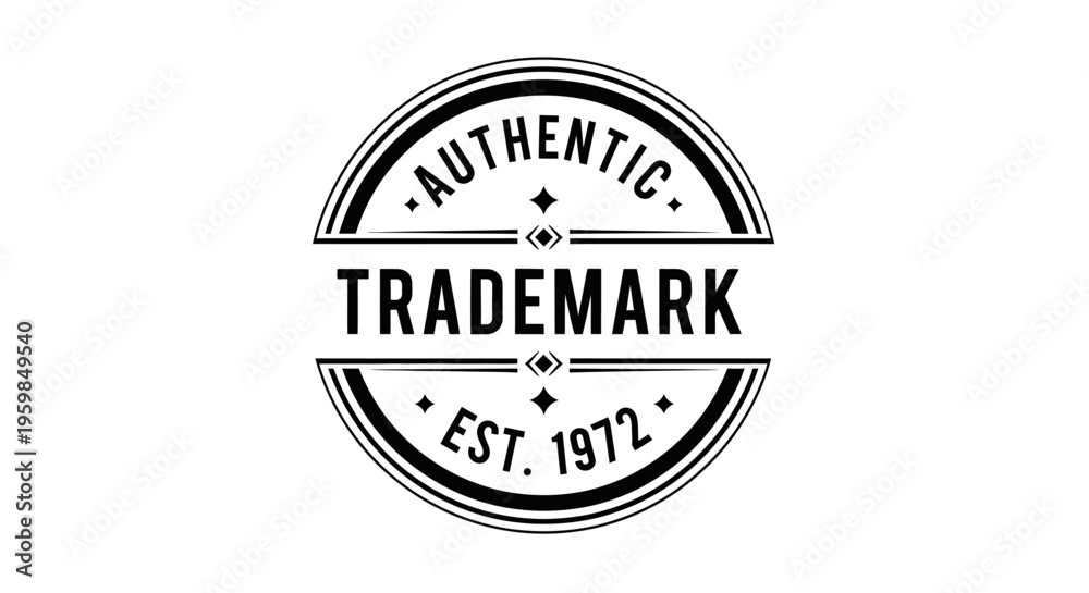 Obraz premium Authentic circular trademark stamp badge with 'Est. 1972' text, certifying official establishment and brand identity on isolated white background.