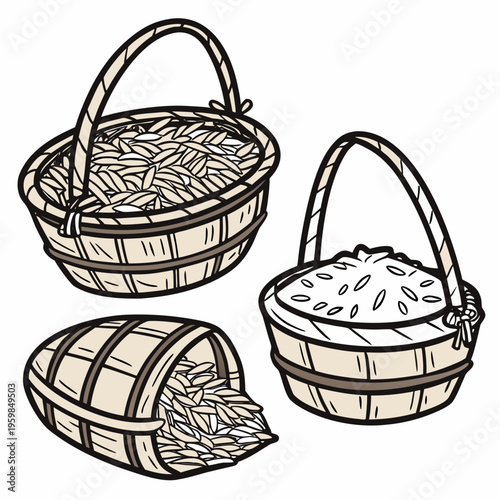 Three woven baskets with rice and grains agriculture