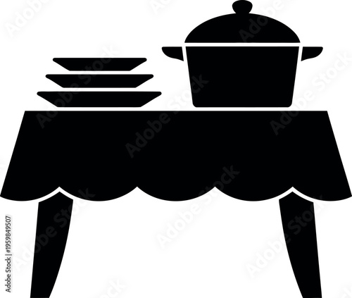 A black and white illustration of a small table with a pot and plates.