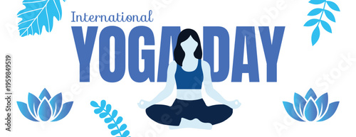 International yoga day banner, woman meditating silhouette illustration, spiritual practice and wellness design Yoga Meditation banner for social media cover, website header design
