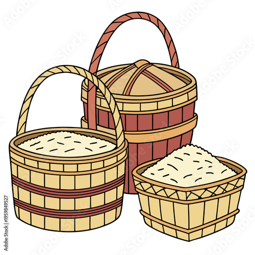 Three baskets filled with rice on white background