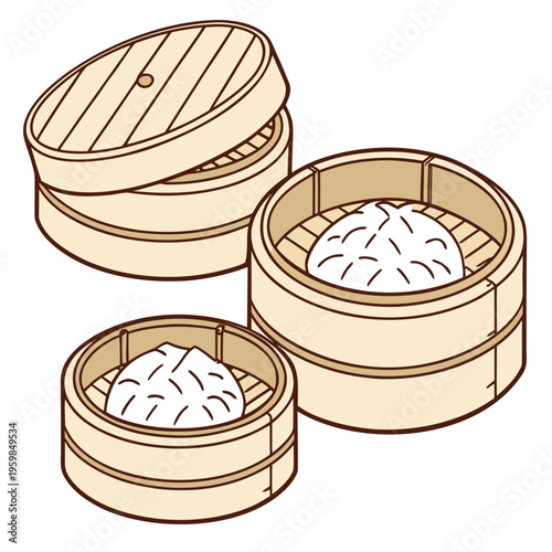 Three bamboo steamers with dumplings dim sum steam basket