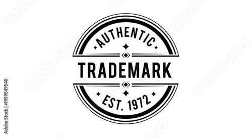 Authentic circular trademark stamp badge with 'Est. 1972' text, certifying official establishment and brand identity on isolated white background.
