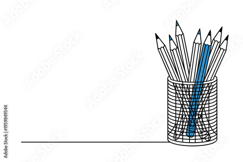 Blue Pencil Standing Out in a Holder, Hand-Drawn Illustration, uniqueness education concept with copy space
