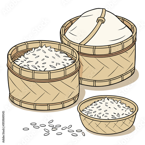 Three wicker baskets with rice and a covered container