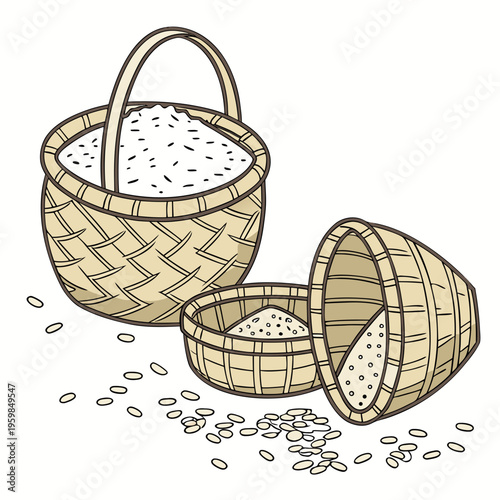 Three brown baskets filled with rice on a white background