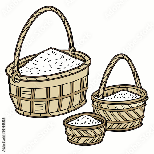 Three brown baskets filled with rice on a white background
