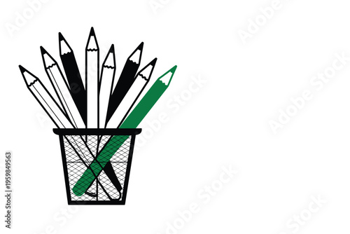 Green Pencil Standing Out in a Holder, individuality concept with copy space