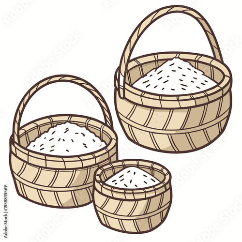 Three wooden baskets filled with rice containers food