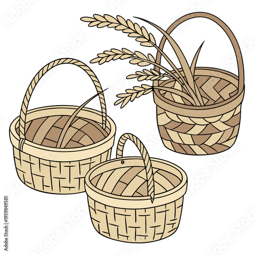 Three woven baskets on white background household storage