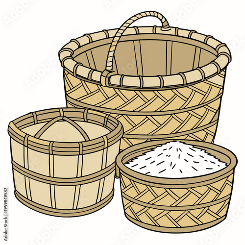 Three wooden baskets on white background household