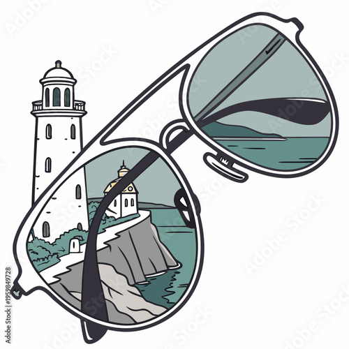 Sunglasses with lighthouse and cliff reflected in lenses