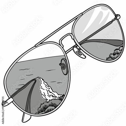 Sunglasses with mountain and sea reflected in lenses