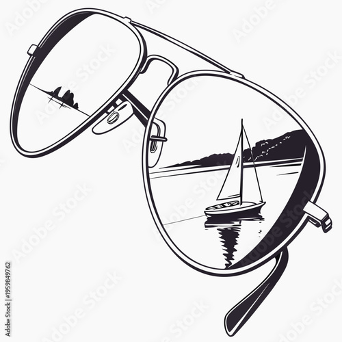 Sunglasses with sailboat reflected in lenses water
