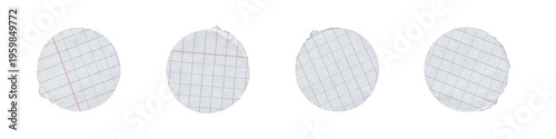 Set of round graph paper stickers with soft torn edges on transparent background