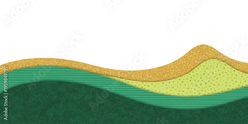 Abstract layered landscape background with textured hills in green and yellow earthy tones