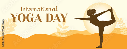 International yoga day banner, women yoga pose on one leg silhouette, fitness and active lifestyle celebration Yoga Meditation banner for social media cover, website header design
