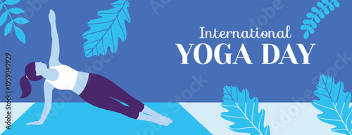 International yoga day banner, women side plank yoga pose silhouette illustration, fitness and healthy lifestyle Yoga Meditation banner for social media cover, website header design