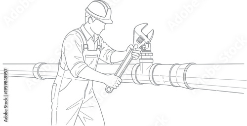 A skilled plumber or industrial worker carefully uses a large adjustable wrench to tighten a critical valve on a complex system of interconnected pipes, ensuring proper function and maintenance.