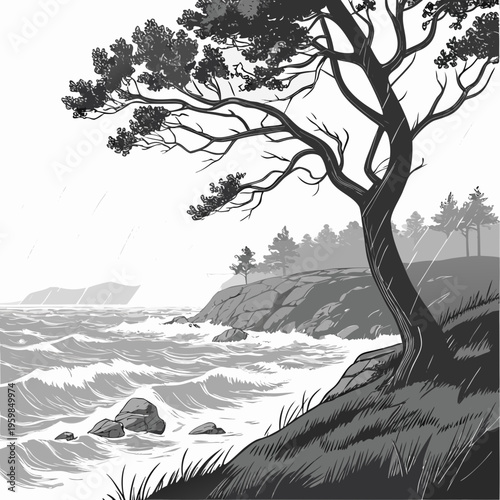 Tree on a cliffside during a stormy weather rain wind