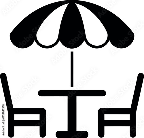 Two chairs with a table and an umbrella providing shade for a comfortable outdoor seating arrangement