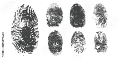 Set of detailed dark fingerprint icons for biometric security and forensic identification graphic design