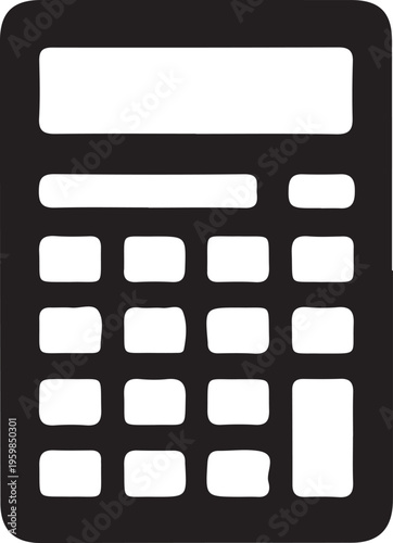 A minimalist black calculator icon or silhouette, featuring a clear display area and a standard numerical keypad layout, perfect for financial or educational graphics.