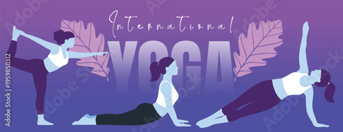 International yoga day banner with women performing yoga poses on purple gradient background vector illustration Yoga Meditation banner for social media cover, website header design