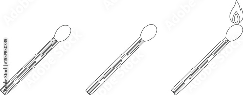 Matchstick icons set burning match stick flame symbols and matchbox for ignition, fire starter tool vector silhouettes and outline illustration for safety and camping collection group