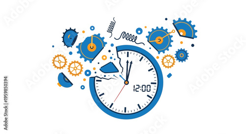 A broken clock with gears and cogs scattered around it, symbolizing time management and productivity